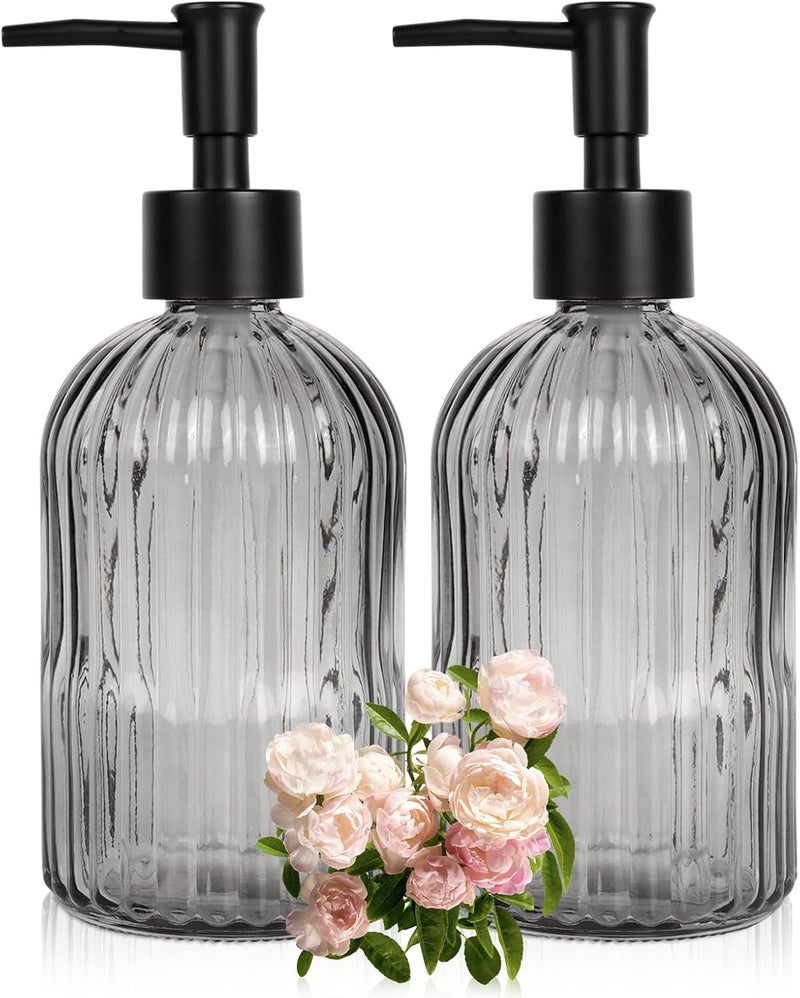 Ulable 2 Pack 11oz Glass Soap Dispenser with Plastic Pump, Vertical Stripe Design Refillable Hand Soap Dispenser for Hand Wash, Bathroom and Kitchen - Image 1